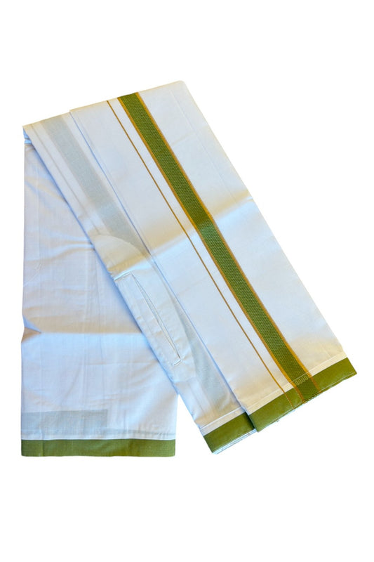 KaithariKada Balaramapuram  COTTON SINGLE PURE WHITE VELCRO Mundu/Dhoti - 1.75inch Green & Kasavu kara (2 metre / 4 muzham)- 22KK485SRI