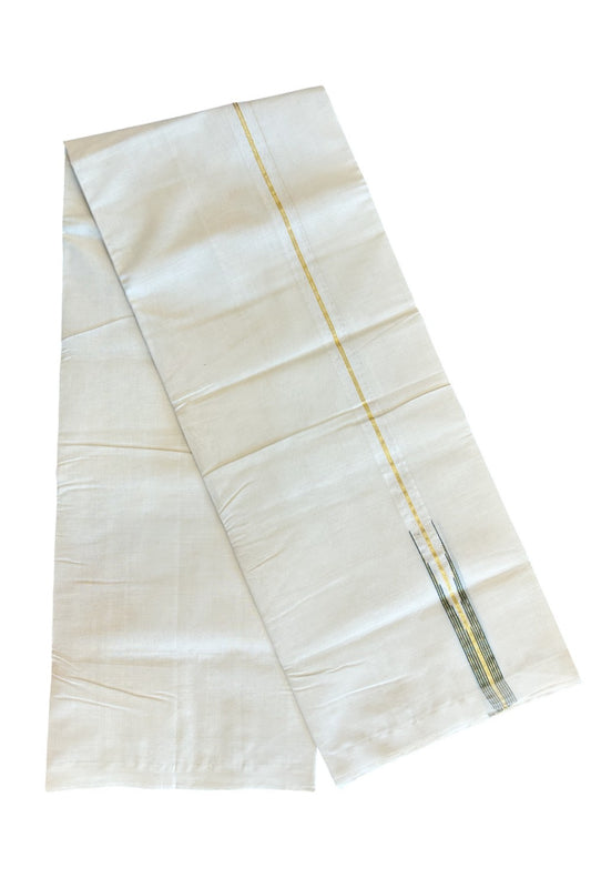 30% DISCOUNT!! KaithariKada HANDLOOM Millpaav Balaramapuram - 100% PURE Cotton OFF White - (Unbleached) Double Mundu/Dothi - 1 inch puliyilakkara Kasavu & Green striped chutty - 22KK5011RAM