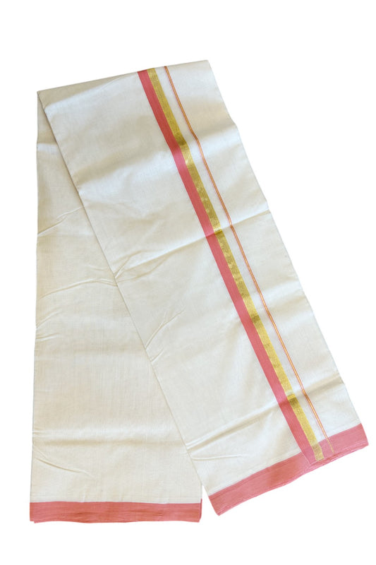 25% KaithariKada HANDLOOM UNAKKUPAAV Balaramapuram - 100% PURE Cotton Off white (Unbleached) Double Mundu/Dhoti - 1.5 inch  Peach Kara & Gold Kasavu-85
