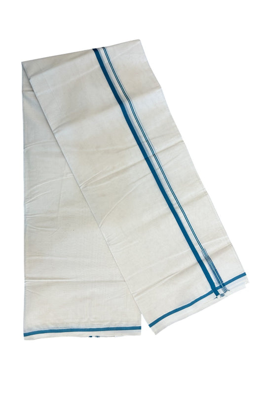 21% DISCOUNT !! KaithariKada Balaramapuram 100% Cotton Double Off white - (Unbleached) - Mundu/Dhoti-100x100 - 1 cm Puliyilakkara Chutty Peacock Blue Kara - 69