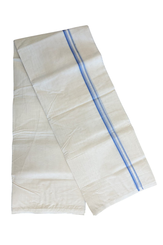 33% DISCOUNT ! KaithariKada Balaramapuram 100% Cotton Double Off white (Unbleached) Mundu/Dhoti-100X100-  SKY BLUE   & STRIPES 2.cm Kara 4 mtr - ASH017.