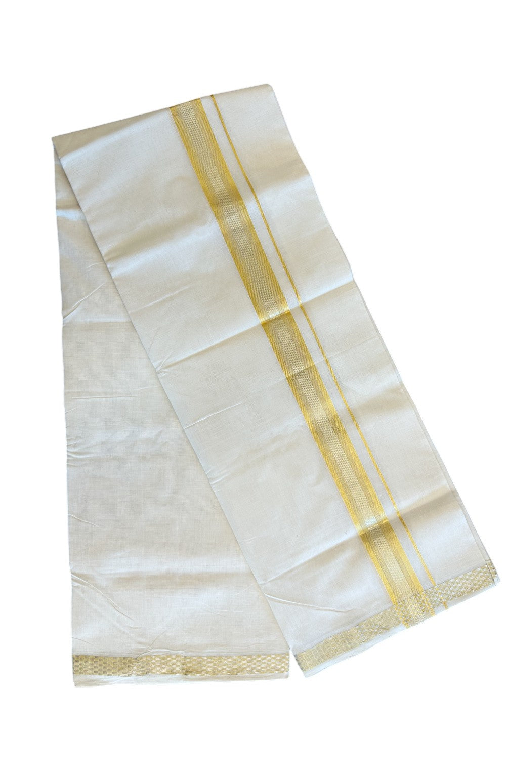 25% Discount!!! KaithariKada HANDLOOM UNAKKUPAAV Balaramapuram - 100% PURE Cotton off white (Unbleached) Double Mundu/Dhoti -100x 100 - 2 inch Gold & Silver Kasavu Stripes Design kara  -21KK5096YAR