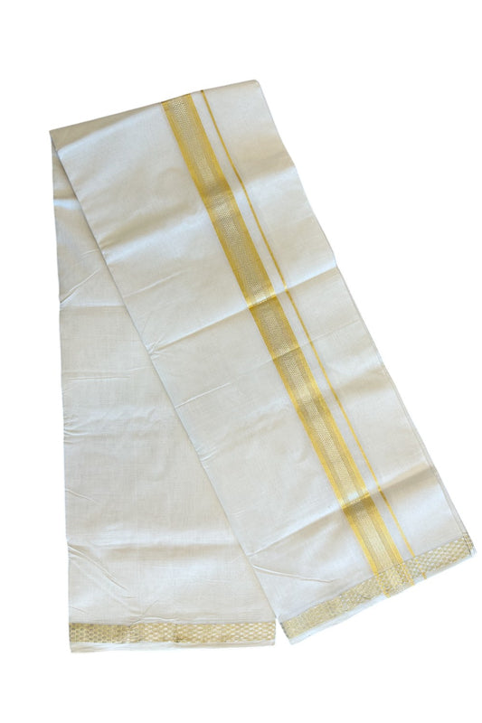 30% Discount!!! KaithariKada HANDLOOM UNAKKUPAAV Balaramapuram - 100% PURE Cotton off white (Unbleached) Double Mundu/Dhoti -100x 100 - 2 inch Gold & Silver Kasavu Stripes Design kara  -21KK5096YAR