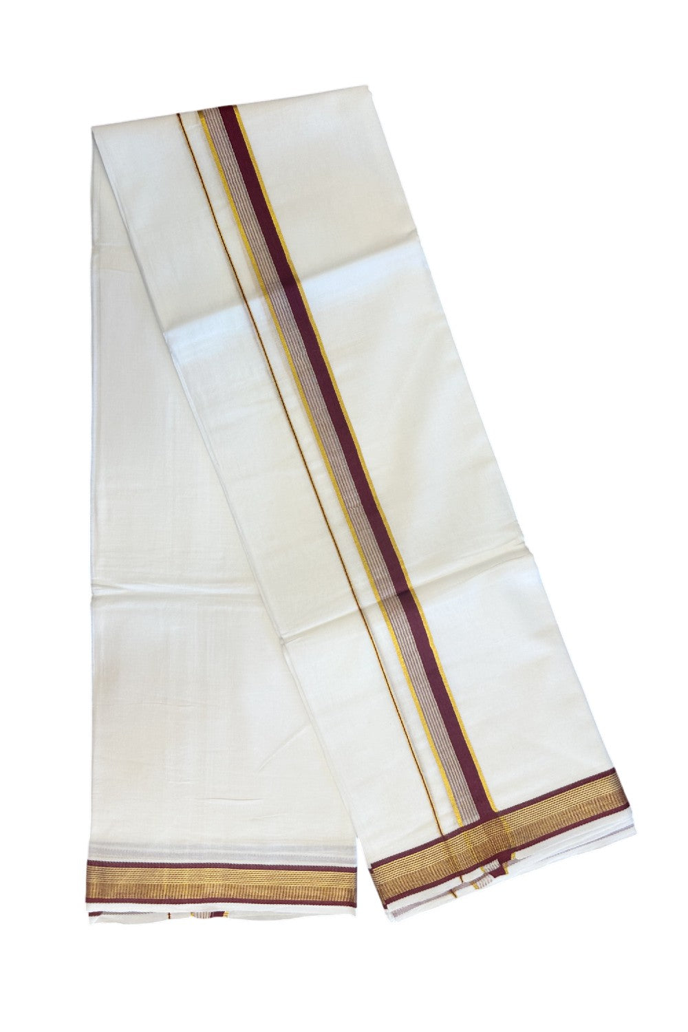 16% DISCOUNT! KaithariKada Balaramapuram 100% Mercerised Cotton Double ULTRA PURE white Mundu/Dhoti - 100x100  1.25 inch Maroon & Kasavu stripes Kara - 22KK5135GAN