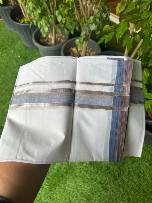 23% Discount !! KaithariKada Balaramapuram Double PURE WHITE Mundu/Dhoti- 100x80 - 1.5 inch Brown Blue Kara Silver Striped kara - 22KK5143PMC