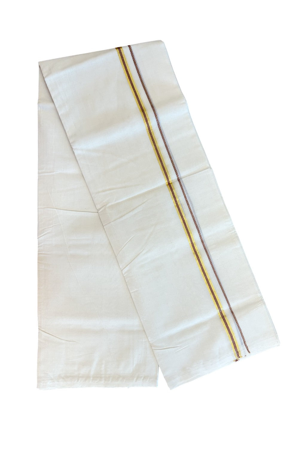 27% DISCOUNT! KaithariKada BALARAMAPURAM HANDLOOM UNAKKUPAAV - 100% PURE Cotton Off white (Unbleached) Double Mundu/Dhoti - 0.5 inch Gold Kasavu & Muthukkuri Maroon Kara (8 Muzham) - 9KK5161SOM