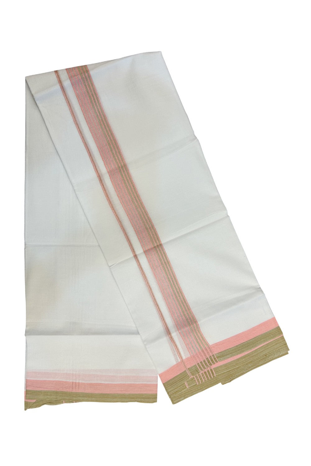 20% DISCOUNT ! KaithariKada Balaramapuram 100% Cotton Double PURE WHITE Mundu/Dhoti - 100X80 - 1.5 inch Silver  kasavu Light Olive Green & Pink Stripes kara - 22KK5172PMC