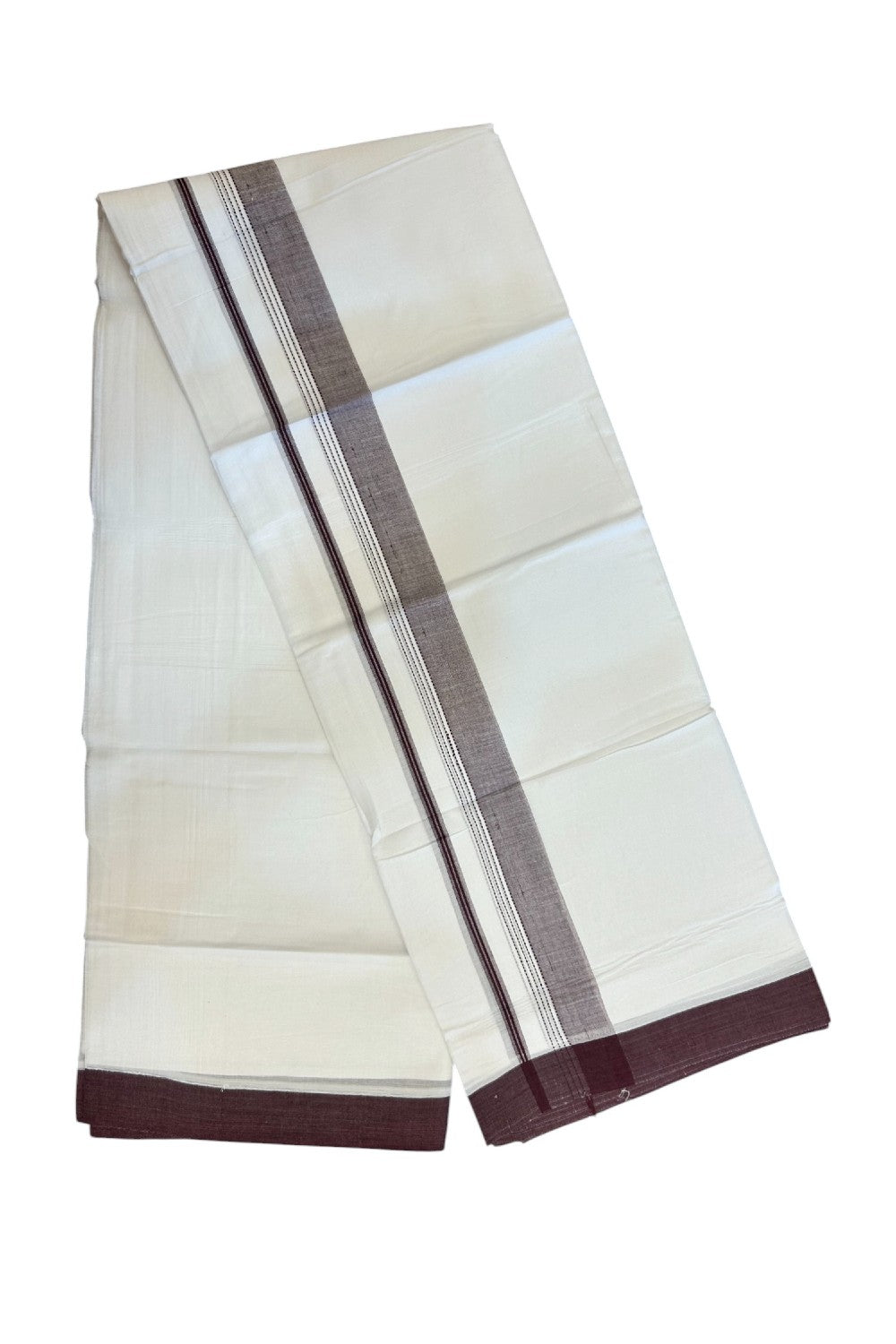 20% Discount ! Kaitharikada Balaramapuram 100% Cotton PURE WHITE Double Mundu/Dothi - 100x80 - 1.5 inch Wine Purple Shaded Striped Kara - 22KK5183VIN