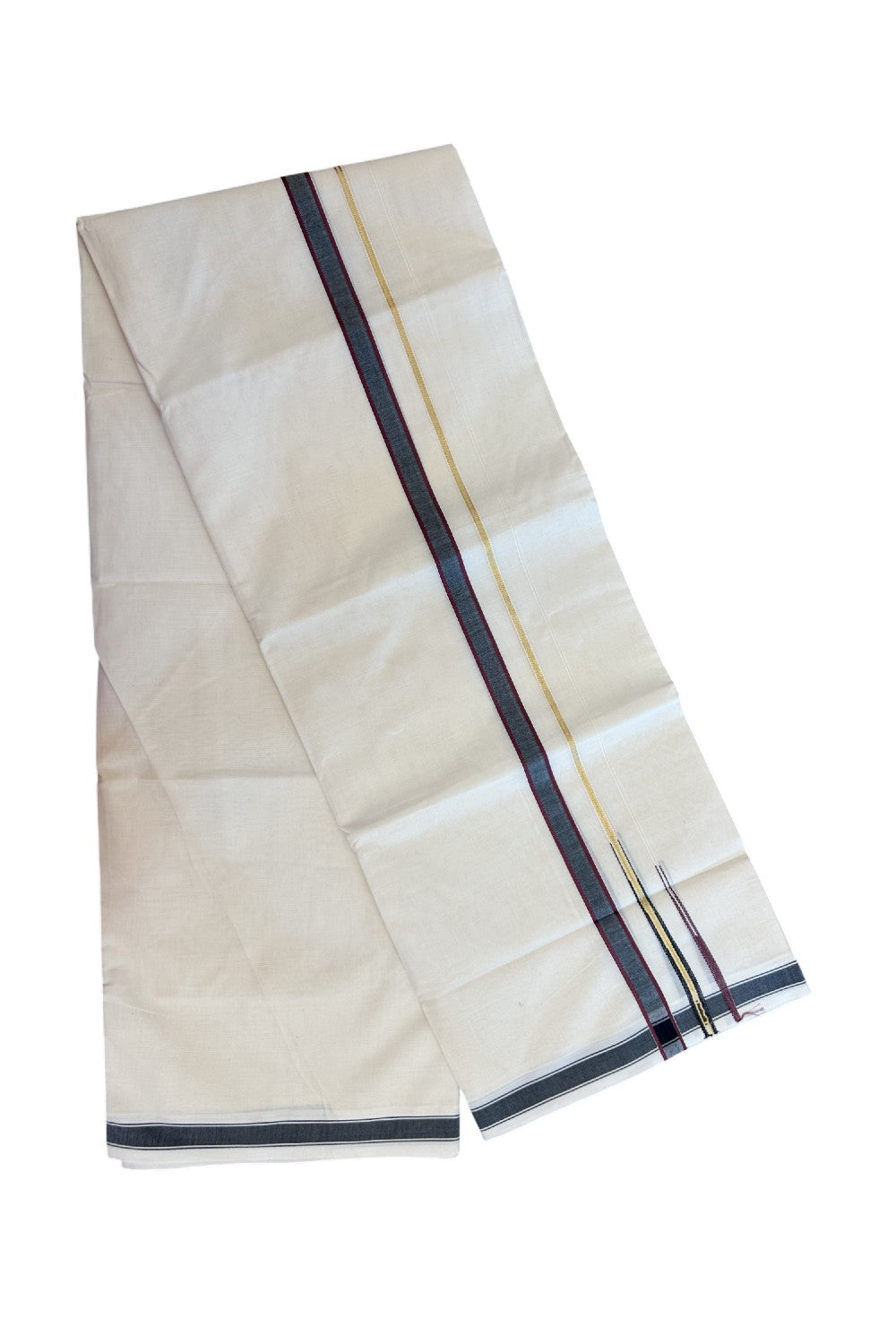 20% DISCOUNT !! KaithariKada Balaramapuram 100% Pure Cotton Double Off white - (Unbleached) Mundu/Dhoti-100x80 - 0.75 inch Puliyilakkara Gold Kasavu Wine & Black Shaded Double Chutty Kara - 22KK5186CKS