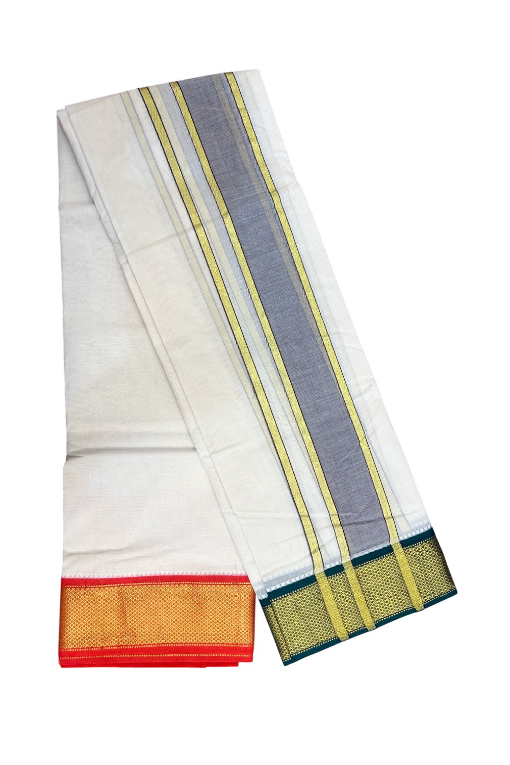 20% DISCOUNT! KaithariKada 100% Cotton Off White - (Unbleached) 100x100 thread - NORTH INDIAN- ATTACHED GAMCHA 9X5 Dhoti 2.75 inch Dark Brown kara with Chilly Red & Dark Green Kasavu border - 22KK5196PMC