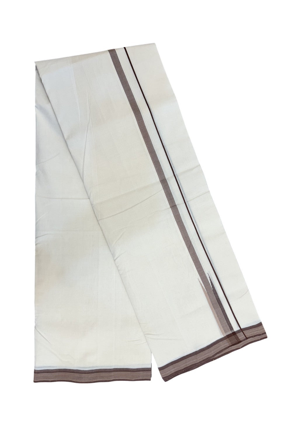 25% DISCOUNT!! KaithariKada HANDLOOM  UNAKKUPAAV Balaramapuram - 100% PURE Cotton OFF White - (Unbleached) Double Mundu/Dothi - 80X100 - 0.75 inch Puliyilakkara  Brown & Cream Tan Striped Chutty Kara 3.80 meter (8.5 Muzham) - 22KK5209 REA