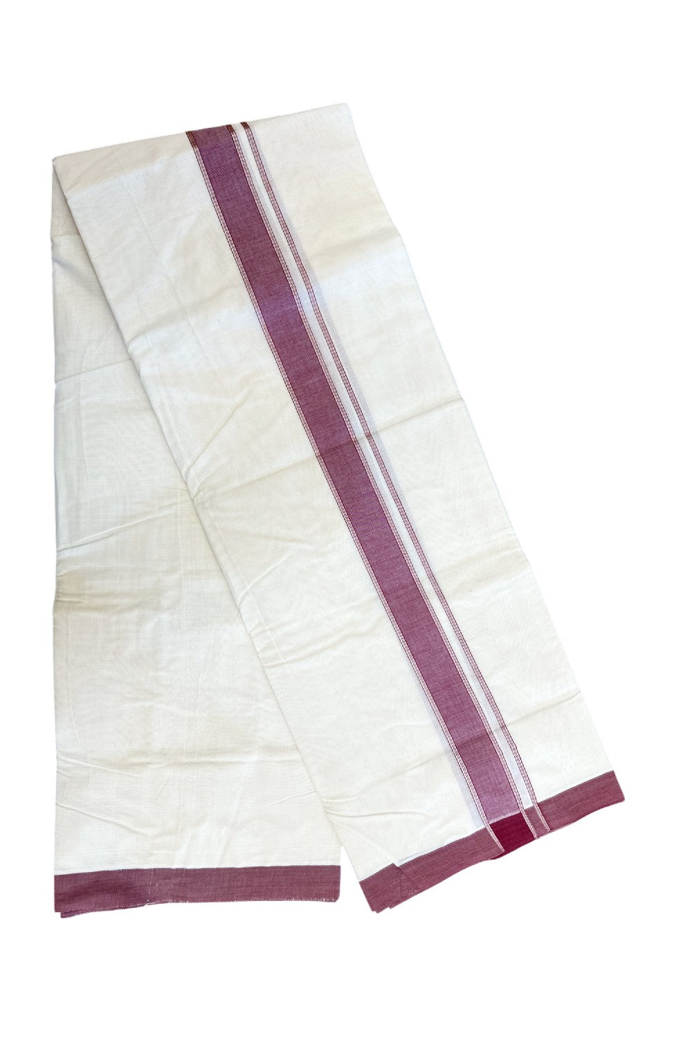 NEW !! 20% DISCOUNT!! KaithariKada Balaramapuram 100% Cotton Double Off white - (Unbleached) Mundu/Dhoti-100x80 - 1.5 inch Silver Kasavu & Maroon Shaded Striped KARA - 3.75 mtr (8 Muzham) - 22KK5218 ASH