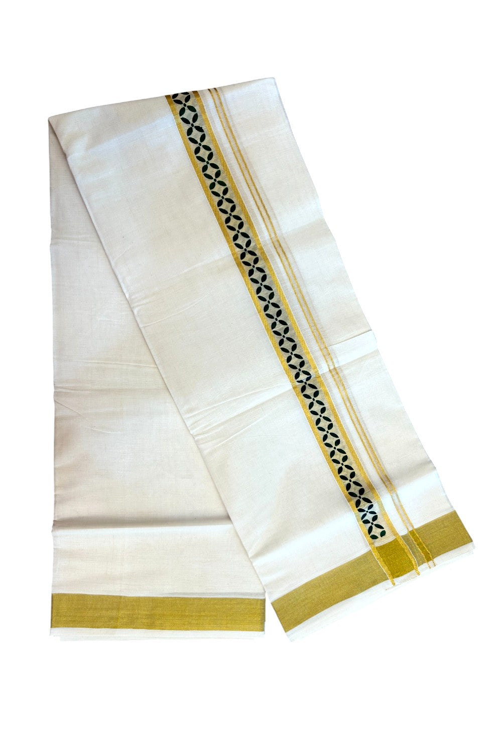 22% Discount!! KaithariKada Balaramapuram 100% Cotton Double Off White - (Unbleached) Mundu/Dhoti - 80x90 - 1.5 inch Gold Kasav with Dark Green Printed Design Kara - 22KK5219 GAN