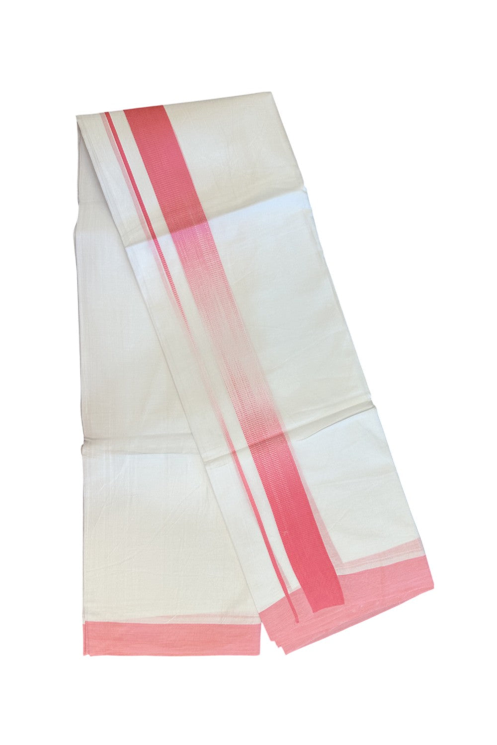 20% Discount!!! KaithariKada Balaramapuram Double PURE WHITE RAINBOW Mundu/Dhoti - 100X80 - 1.75 inch Pink shaded Striped Designer Kara - 22KK5220 THI