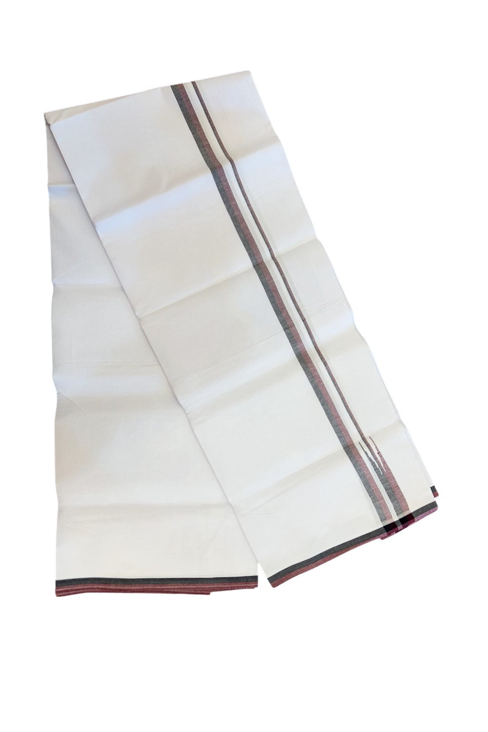 DMK Veshti - 20% Discount !! KaithariKada Balaramapuram PURE WHITE SINGLE Mundu/Dhoti - 100X100 - Puliyilakkara 0.5 inch Maroon & Black Thin Chutty Kara (2 meter / 4 muzham) - 21KK5224 ASH