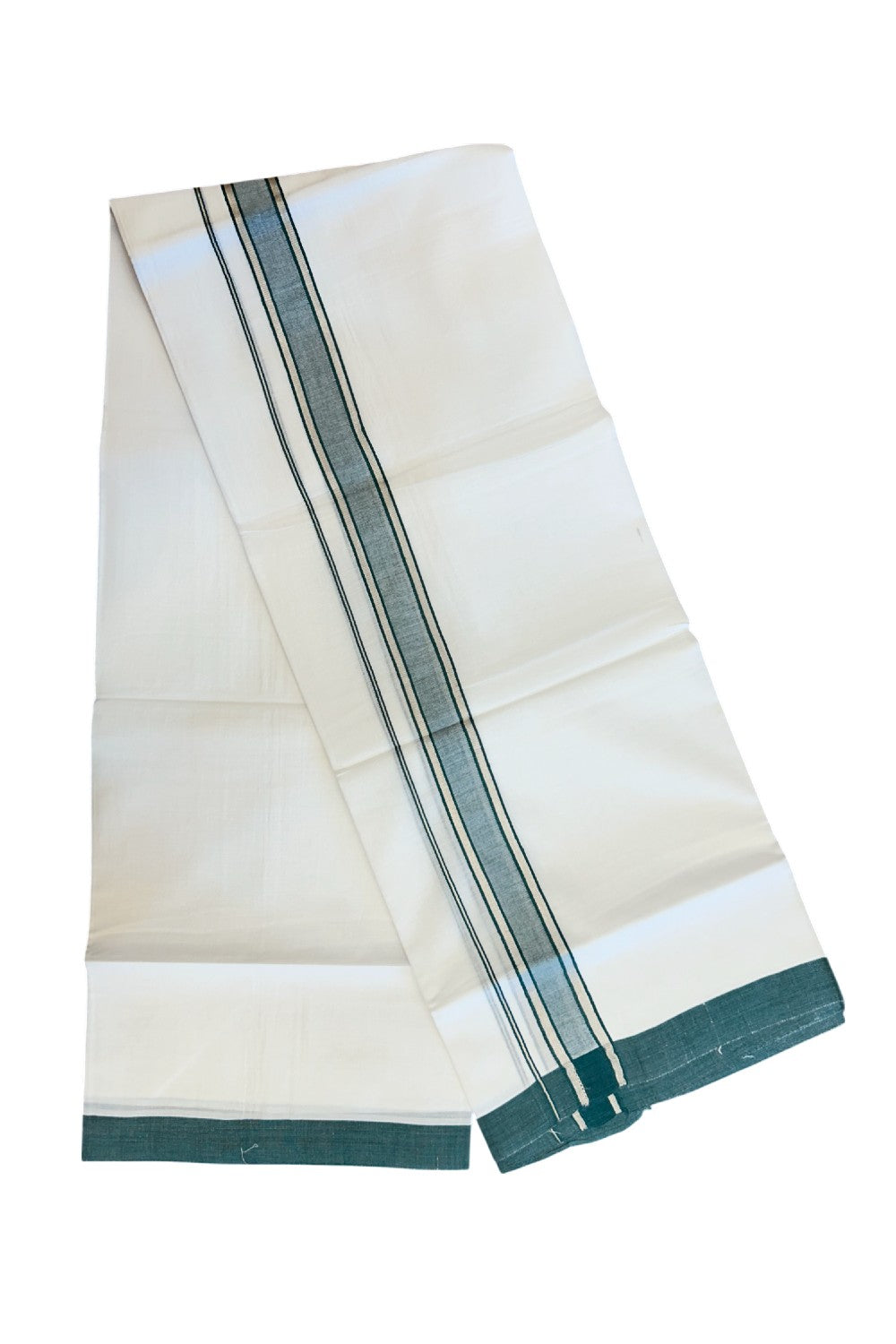20% DISCOUNT! KaithariKada Balaramapuram 100% Cotton Double Pure white Mundu/Dhoti- 60s - 1.5 inch Silver Kasavu & Green Shaded Kara - 3.86mtr ( 8 muzham) - 22KK5227 PMC