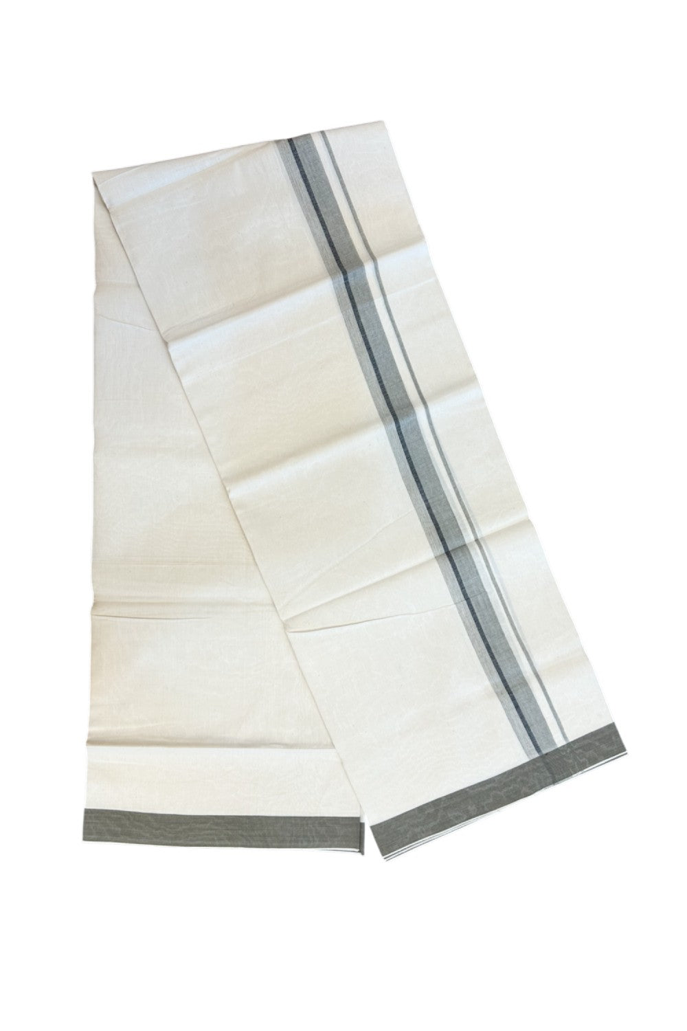 24% Discount !! KaithariKada Balaramapuram 100% Cotton OFF WHITE (Unbleached) Single Mundu/Dhoti - Twisted 60s Thread - 1.25 inch Dark Greyish brown shaded Black striped Kara (2 meter / 4 muzham) - 51KK5241 GL