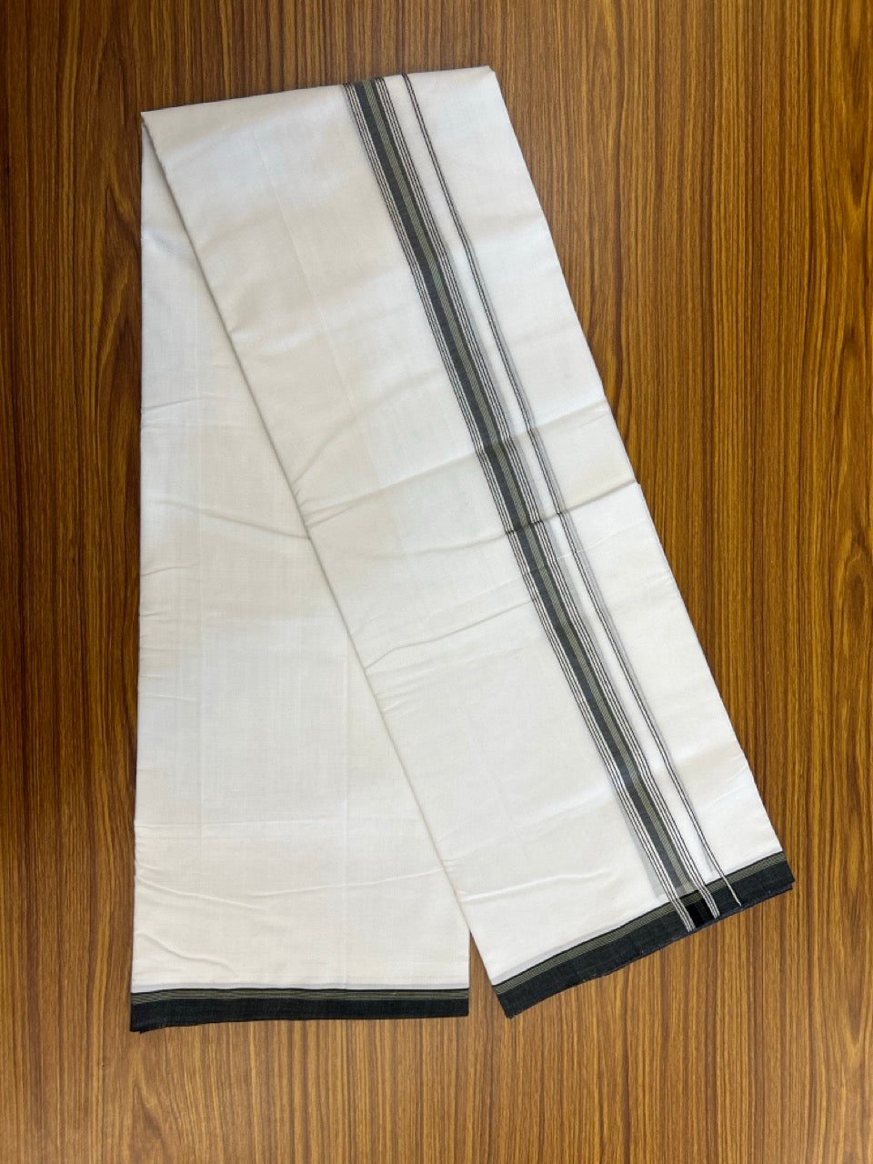25% Discount!! NEW ULTRA PURE WHITE HANDLOOM Balaramapuram - 100% MERCERISED Cotton Double Mundu/Dhoti - 120 twisted warp x 80s weft - Green Black Silver Kasav Kara- 22KK5248 REA