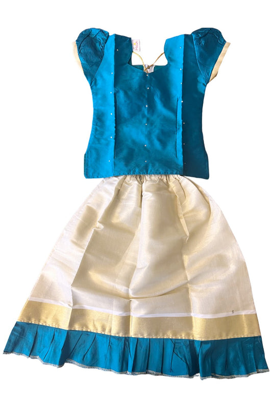 Midukki-Traditional South Indian Kids Pattu Pavada- Peacock green top tissue skirt with frill bottom - Age 5 - KK5MID0022