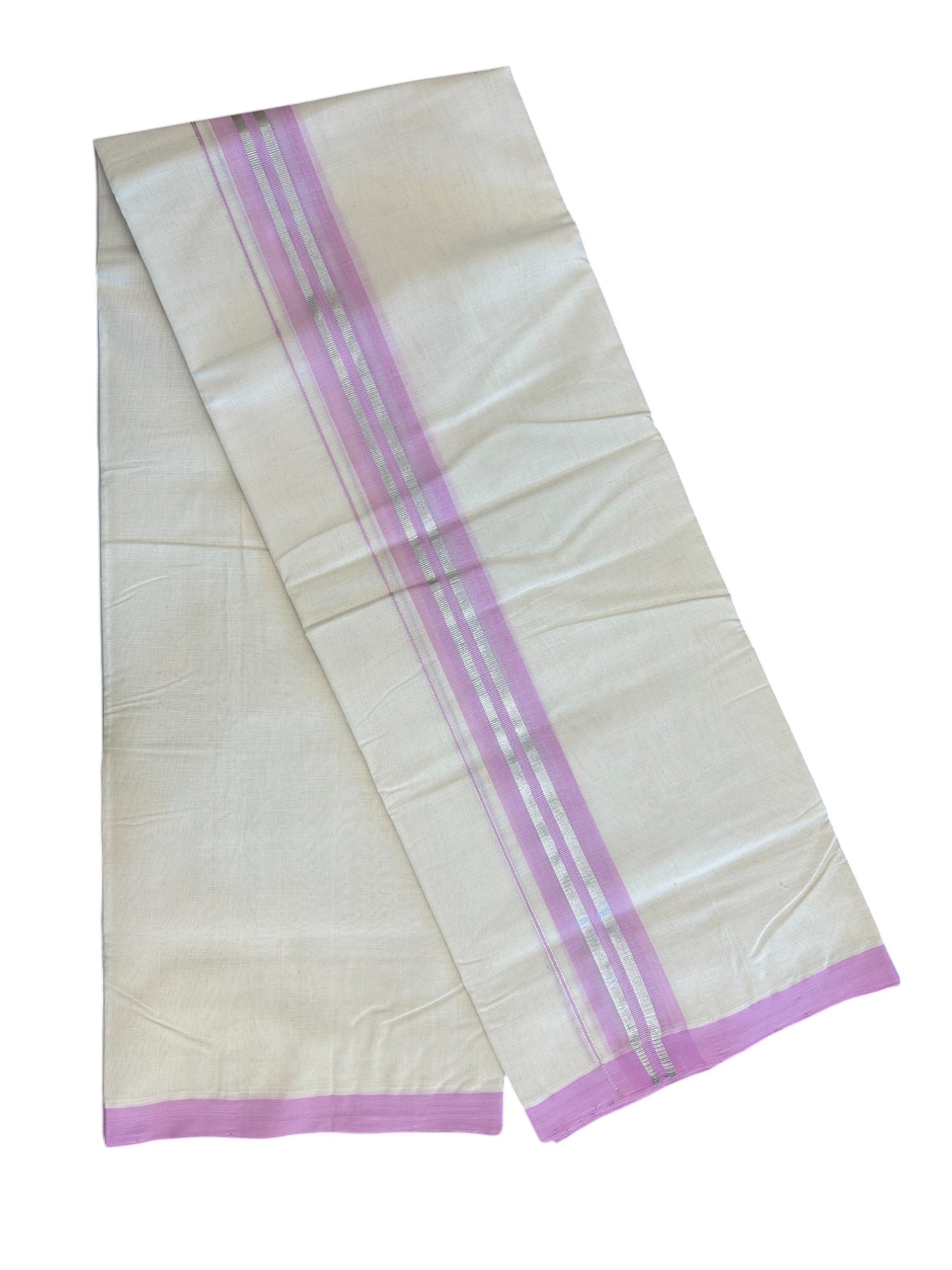 31% DISCOUNT!! KaithariKada HANDLOOM Millpaav Balaramapuram - 100% PURE Cotton OFF White Double - (Unbleached) Mundu/Dothi - 1.75 Inch Silver Kasav Purple Pink kara - 22kk5153RAM