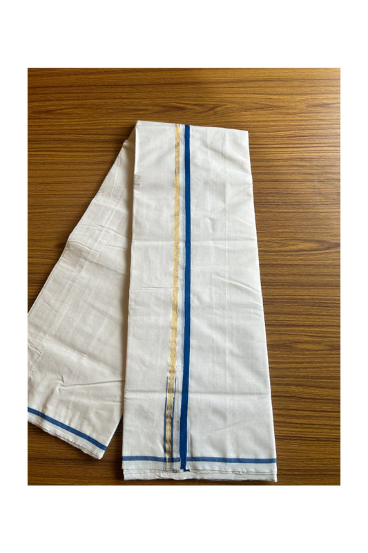16% DISCOUNT!! KaithariKada HANDLOOM Millpaav Balaramapuram - 100% PURE Cotton OFF White - (Unbleached)  Double Mundu/Dothi - 1 cm Puliyilakkara side striped Gold kasavu Blue chutty 3.75 mtr (8 Muzham) - 22KK462RAM