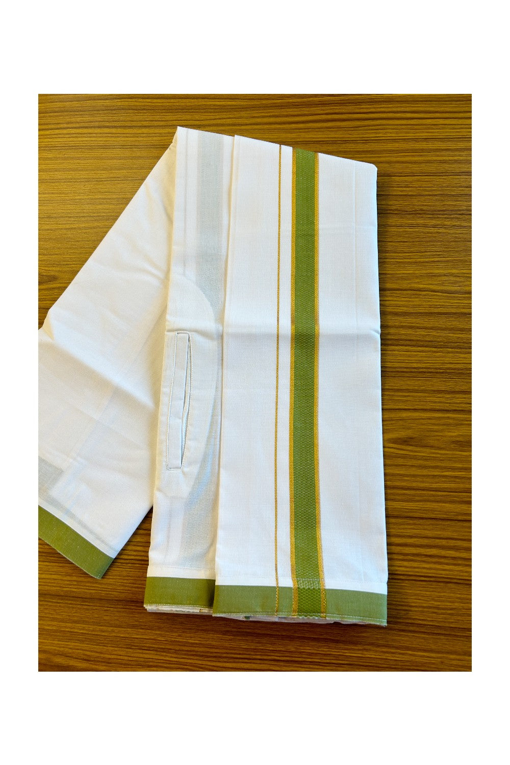 KaithariKada Balaramapuram  COTTON SINGLE PURE WHITE VELCRO Mundu/Dhoti - 1.75inch Green & Kasavu kara (2 metre / 4 muzham)- 22KK485SRI