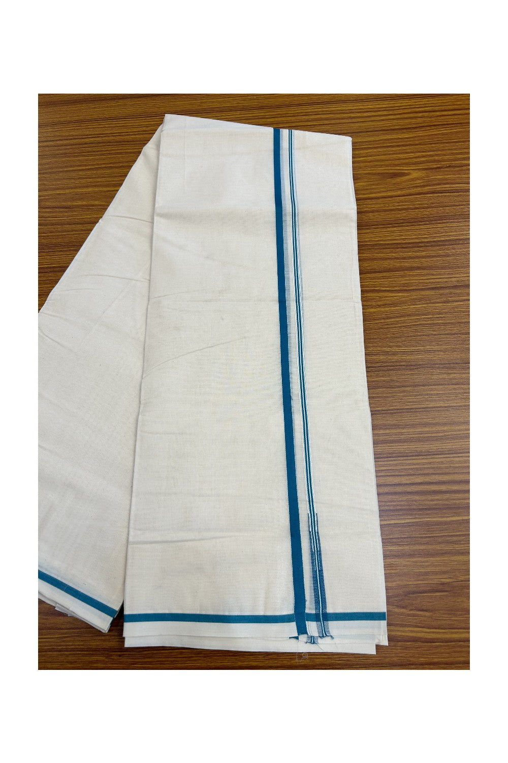 21% DISCOUNT !! KaithariKada Balaramapuram 100% Cotton Double Off white - (Unbleached) - Mundu/Dhoti-100x100 - 1 cm Puliyilakkara Chutty Peacock Blue Kara - 69