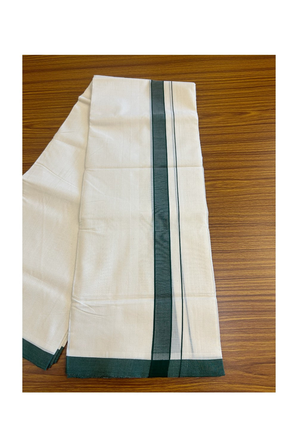 30% Discount KaithariKada HANDLOOM Unakkupaav Balaramapuram - 100% PURE Cotton Off White (Unbleached) - 100x100 Double Mundu/Dhoti - 2inch Green Kara-102