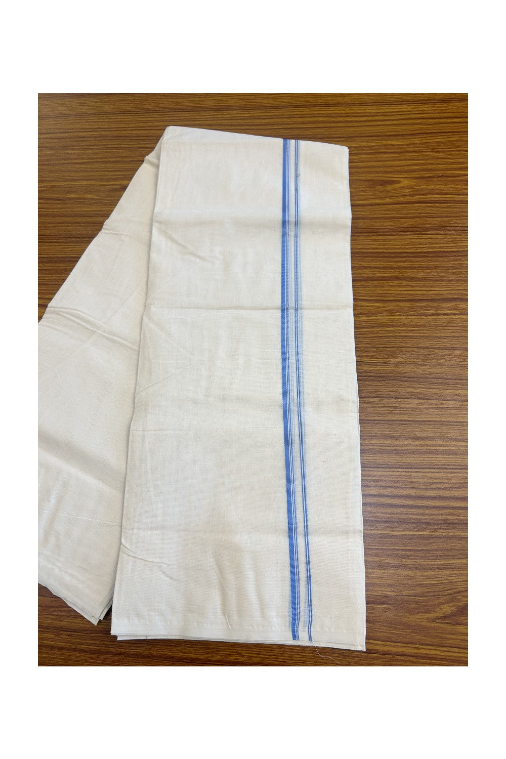 33% DISCOUNT ! KaithariKada Balaramapuram 100% Cotton Double Off white (Unbleached) Mundu/Dhoti-100X100-  SKY BLUE   & STRIPES 2.cm Kara 4 mtr - ASH017.