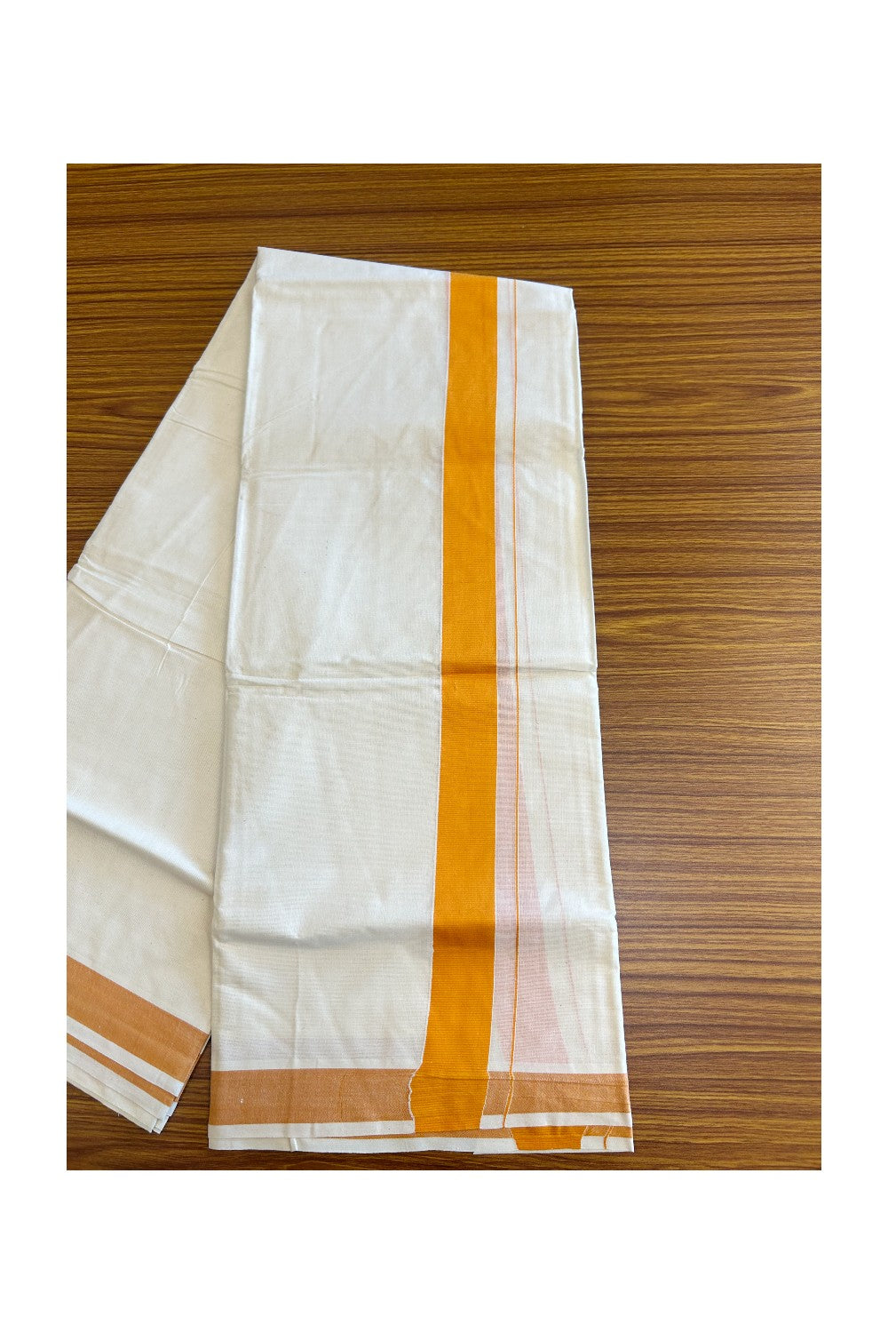 10% DISCOUNT! KaithariKada Balaramapuram 100% Cotton Double Off white - (Unbleached) - Mundu/Dhoti- 100X100- 2 inch ORANGE  Kara- 69.