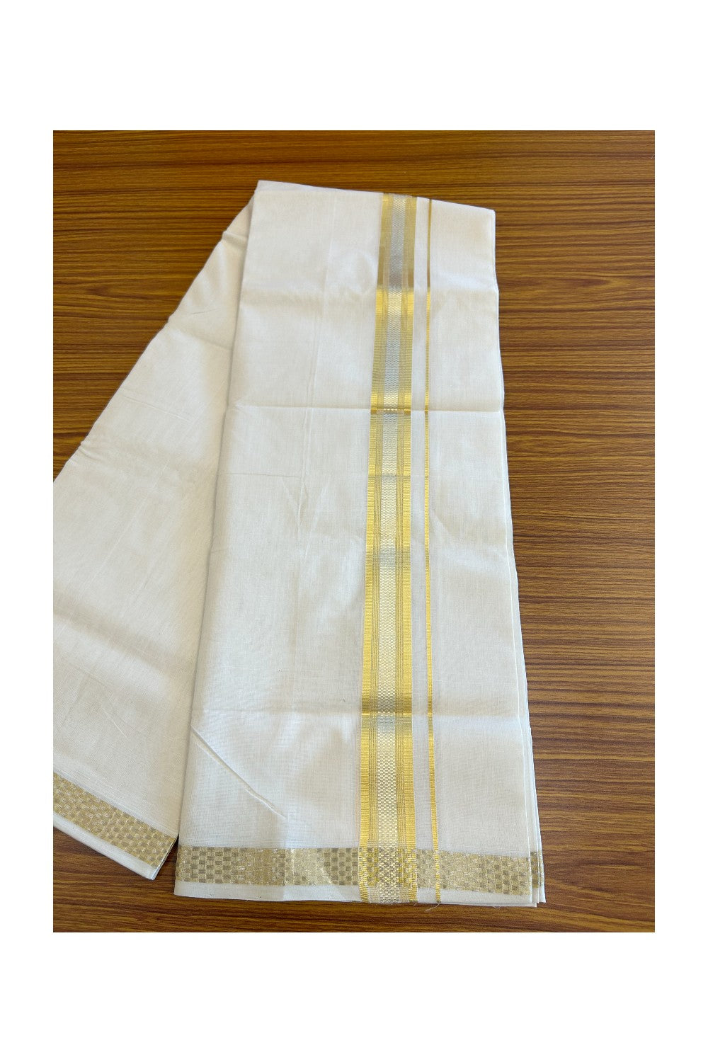 25% Discount!!! KaithariKada HANDLOOM UNAKKUPAAV Balaramapuram - 100% PURE Cotton off white (Unbleached) Double Mundu/Dhoti -100x 100 - 2 inch Gold & Silver Kasavu Stripes Design kara  -21KK5096YAR