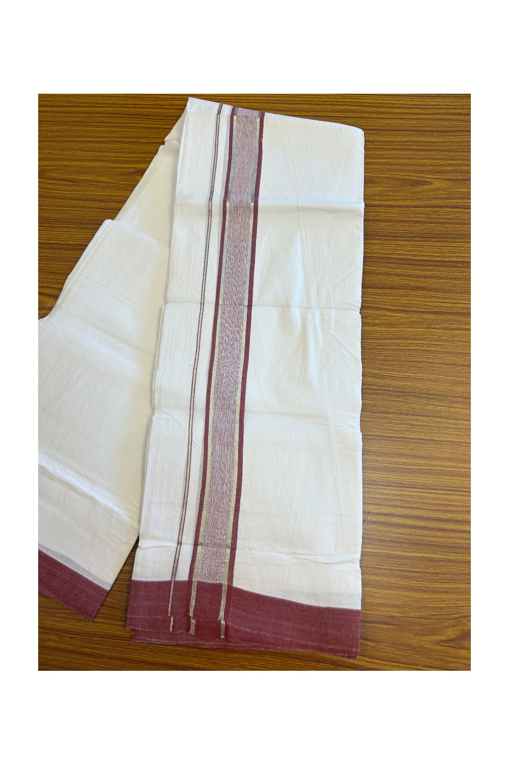Linen Dhoti NEW! 20% Discount from Kaitharikada.com - Double Mundu/Dhoti 80x90 Thread PURE WHITE - Pure Cotton + Linen - 2.25 Inch Silver Kasavu Maroon Shaded design Kara - 41KK5115THI