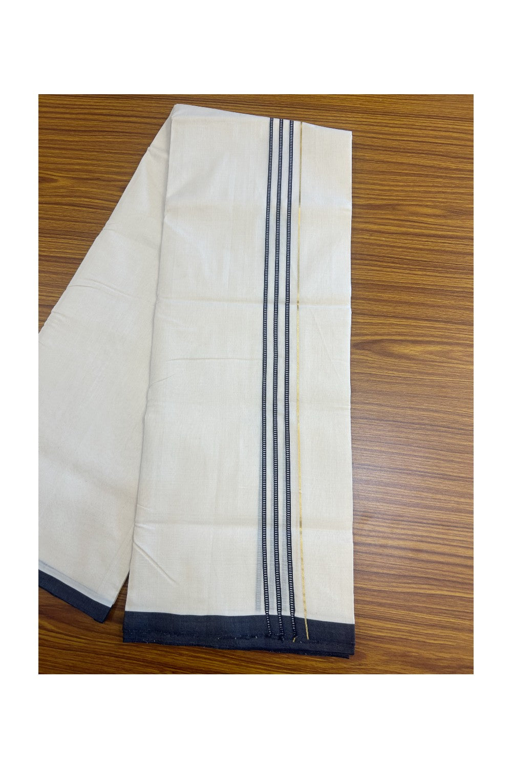 25% DISCOUNT!! KaithariKada HANDLOOM  UNAKKUPAAV Balaramapuram - 100% PURE Cotton OFF White - (Unbleached) Double Mundu/Dothi - 80x100 - PURE JERRY 1.25 inch Navy blue stripes pattern kara 3.80 meter (8.5 Muzham) - 27KK5167REA