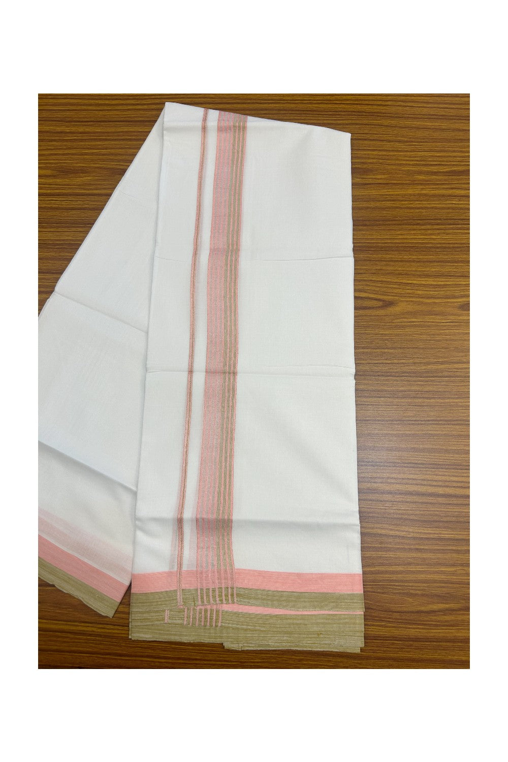 20% DISCOUNT ! KaithariKada Balaramapuram 100% Cotton Double PURE WHITE Mundu/Dhoti - 100X80 - 1.5 inch Silver  kasavu Light Olive Green & Pink Stripes kara - 22KK5172PMC