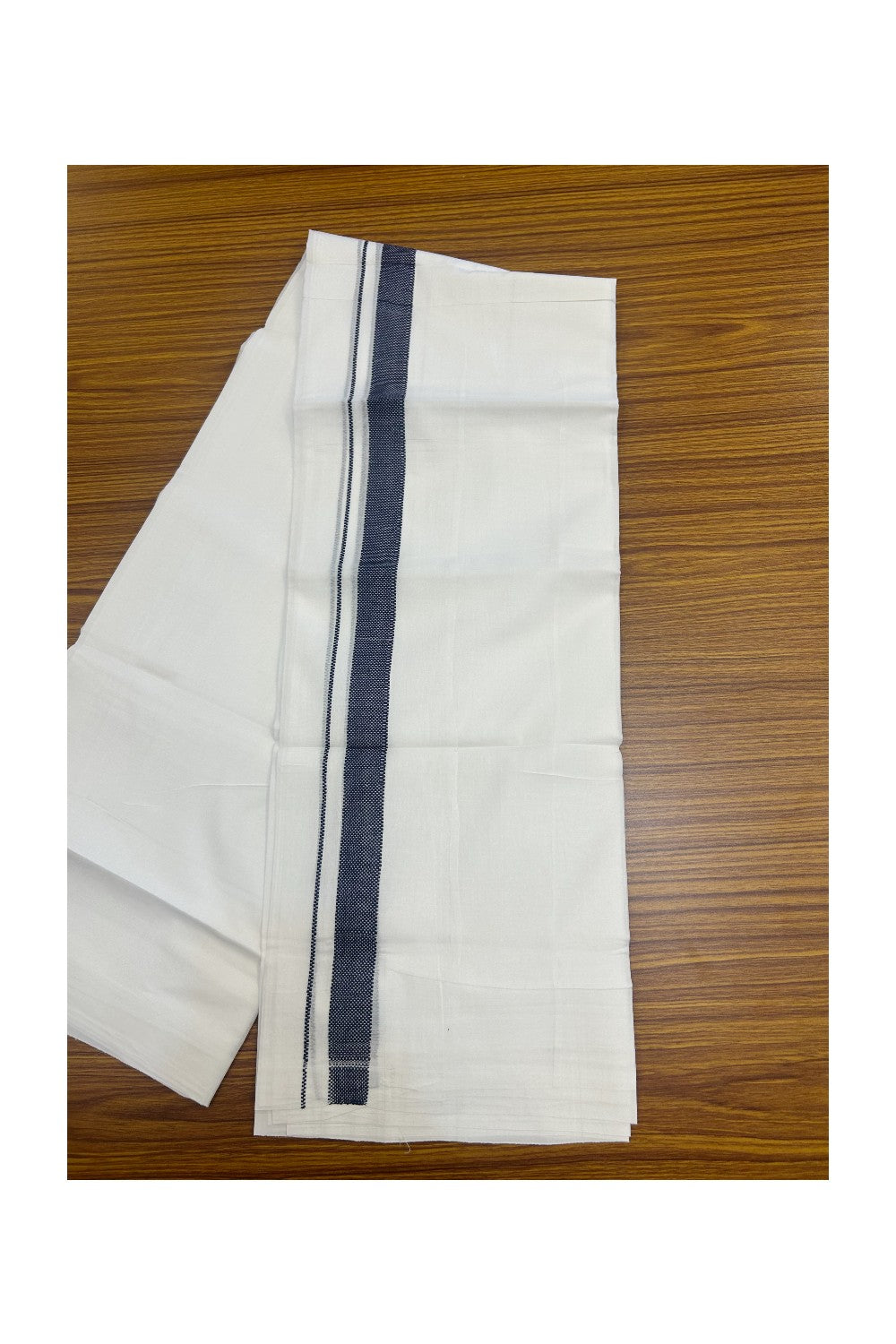 20% DISCOUNT!! KaithariKada Balaramapuram 100% Cotton PURE WHITE DOUBLE Mundu/Dhoti - 100x80 - 1 inch Navy Blue Design Kara - 22KK5174THI