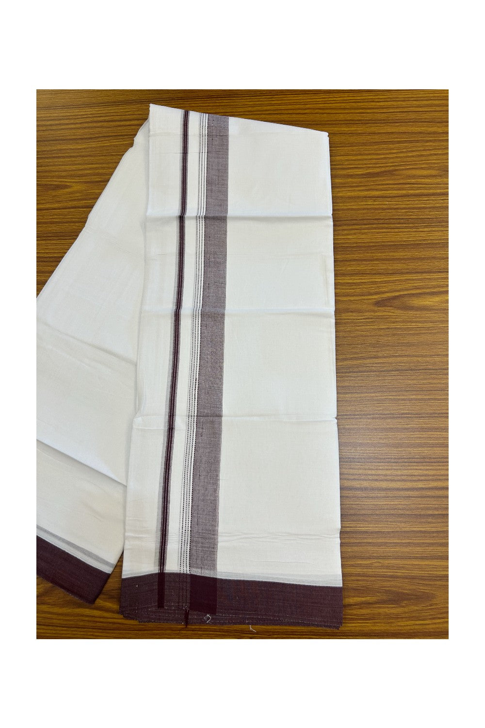 20% Discount ! Kaitharikada Balaramapuram 100% Cotton PURE WHITE Double Mundu/Dothi - 100x80 - 1.5 inch Wine Purple Shaded Striped Kara - 22KK5183VIN