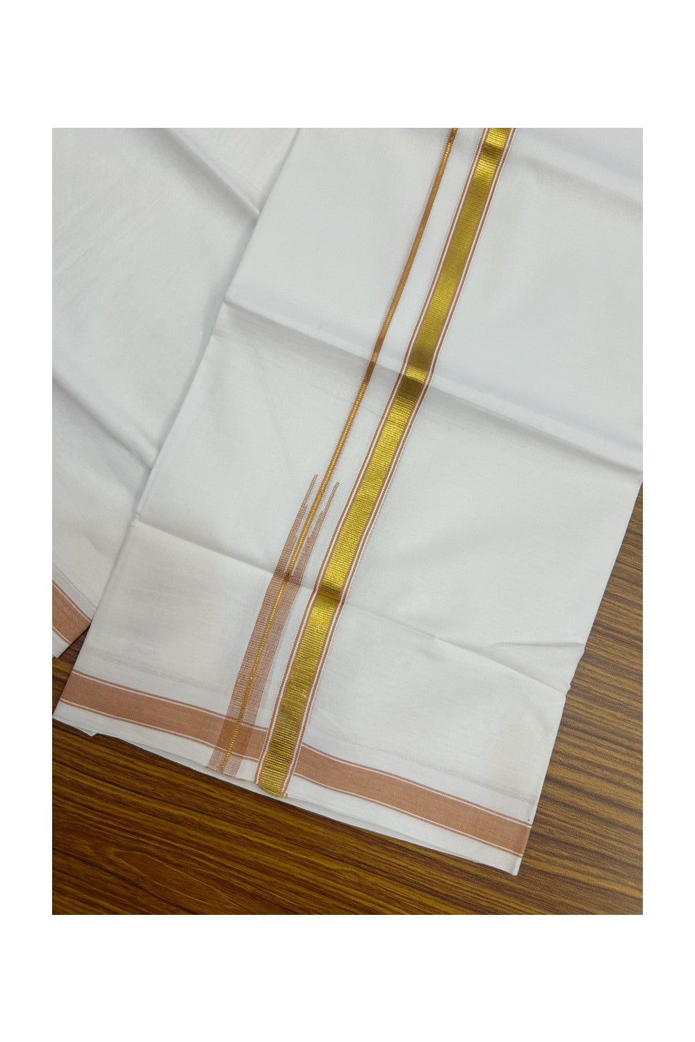 20% DISCOUNT!! KaithariKada Balaramapuram 100% Cotton PURE WHITE Double Mundu/Dhoti-100x80 - 0.5 inch Orange Brown Kasav Chutty Kara - 22KK5191CKS