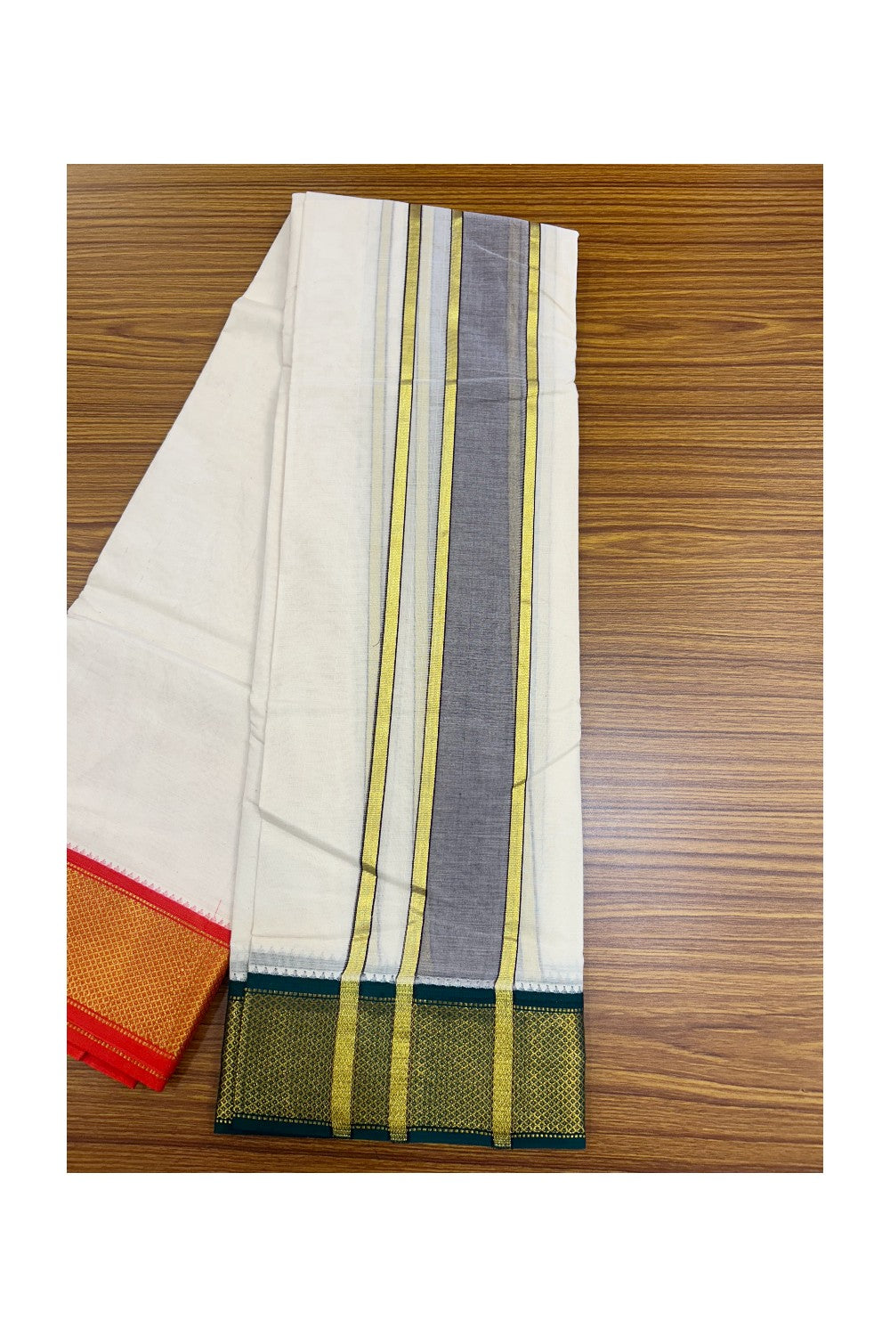 20% DISCOUNT! KaithariKada 100% Cotton Off White - (Unbleached) 100x100 thread - NORTH INDIAN- ATTACHED GAMCHA 9X5 Dhoti 2.75 inch Dark Brown kara with Chilly Red & Dark Green Kasavu border - 22KK5196PMC