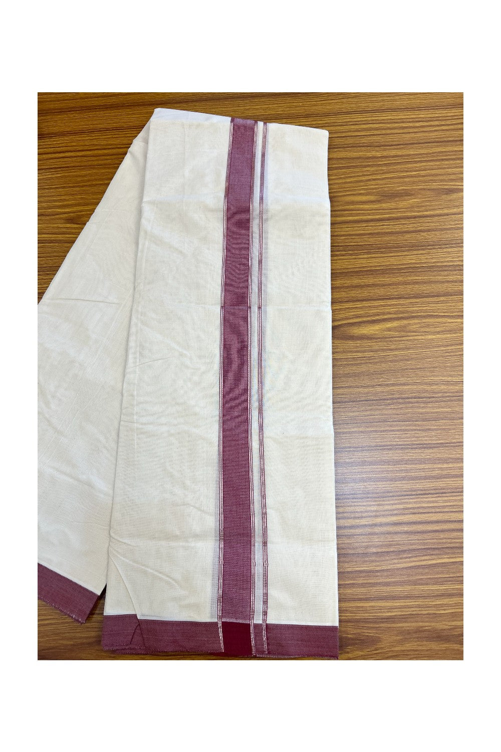 NEW !! 20% DISCOUNT!! KaithariKada Balaramapuram 100% Cotton Double Off white - (Unbleached) Mundu/Dhoti-100x80 - 1.5 inch Silver Kasavu & Maroon Shaded Striped KARA - 3.75 mtr (8 Muzham) - 22KK5218 ASH