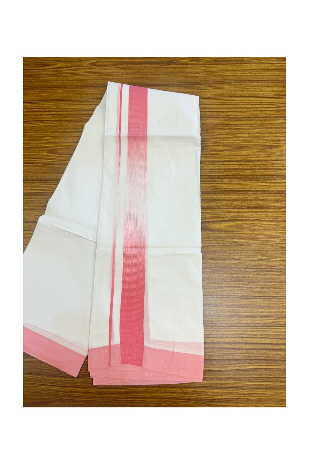 20% Discount!!! KaithariKada Balaramapuram Double PURE WHITE RAINBOW Mundu/Dhoti - 100X80 - 1.75 inch Pink shaded Striped Designer Kara - 22KK5220 THI