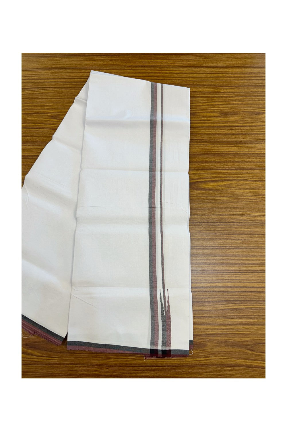 DMK Veshti - 20% Discount !! KaithariKada Balaramapuram PURE WHITE SINGLE Mundu/Dhoti - 100X100 - Puliyilakkara 0.5 inch Maroon & Black Thin Chutty Kara (2 meter / 4 muzham) - 21KK5224 ASH