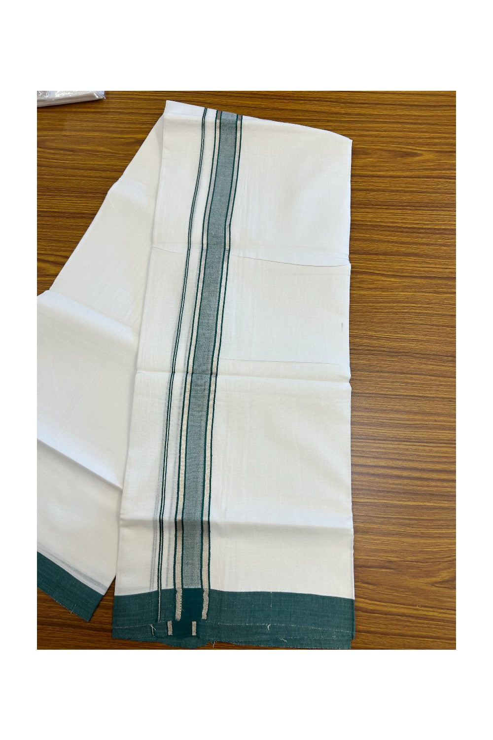 20% DISCOUNT! KaithariKada Balaramapuram 100% Cotton Double Pure white Mundu/Dhoti- 60s - 1.5 inch Silver Kasavu & Green Shaded Kara - 3.86mtr ( 8 muzham) - 22KK5227 PMC