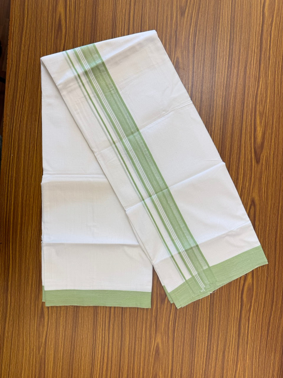 Short Dhoti Special - 28% Discount ! KaithariKada 100% Cotton Pure White Double Mundu / Dhoti - 100x80 - 45 inch Height 3.80 m Length  1.5 inch Light Green kara - 22 KK5258 THI