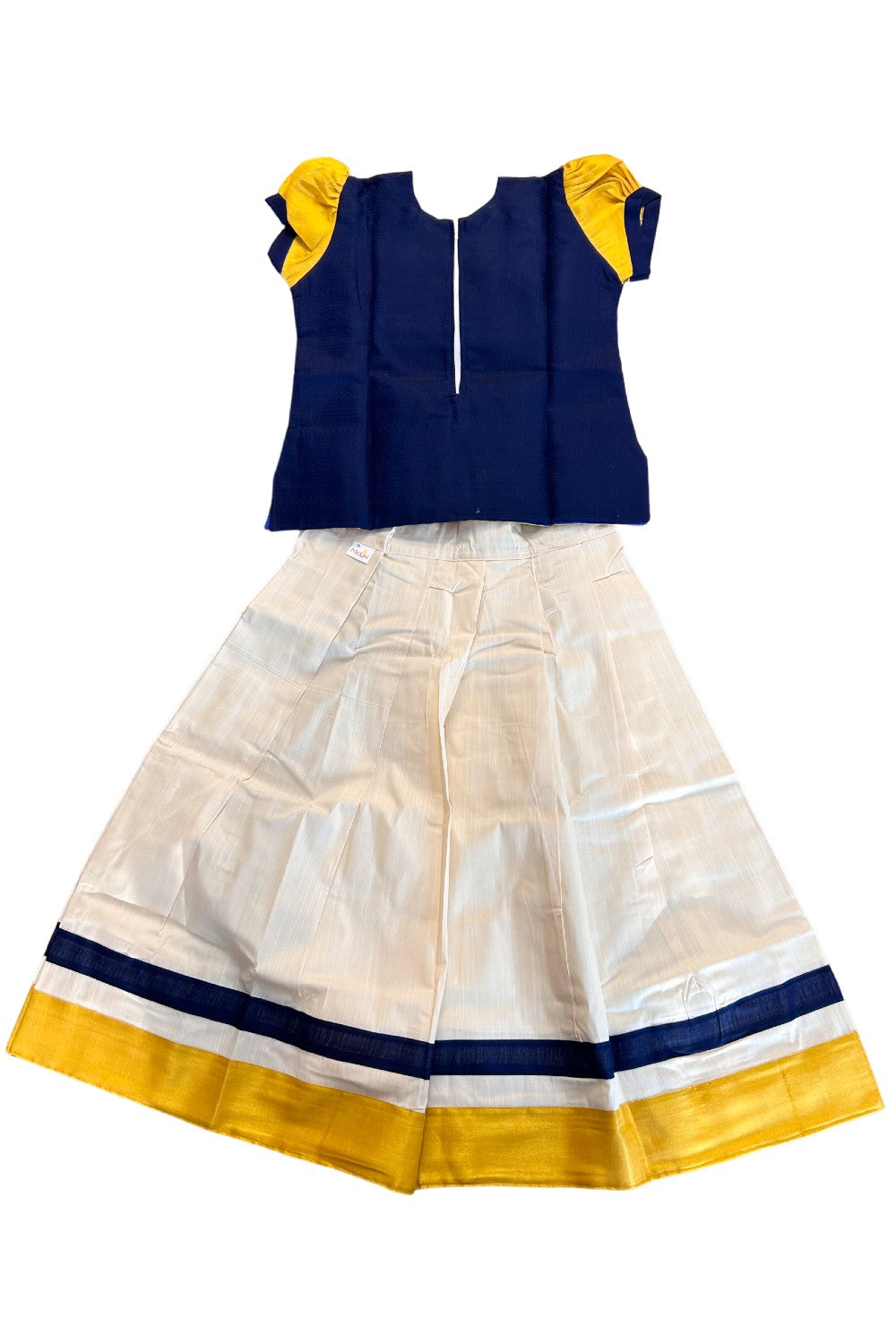 Midukki-Traditional South Indian Kids Pattu Pavada- Navy blue top with emboss work offwhite  skirt with kasavu- Age 10 - KK10MID0022