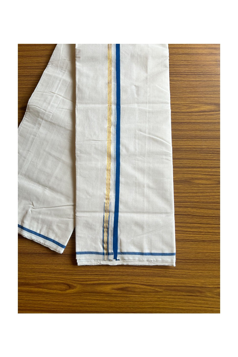 16% DISCOUNT!! KaithariKada HANDLOOM Millpaav Balaramapuram - 100% PURE Cotton OFF White - (Unbleached)  Double Mundu/Dothi - 1 cm Puliyilakkara side striped Gold kasavu Blue chutty 3.75 mtr (8 Muzham) - 22KK462RAM