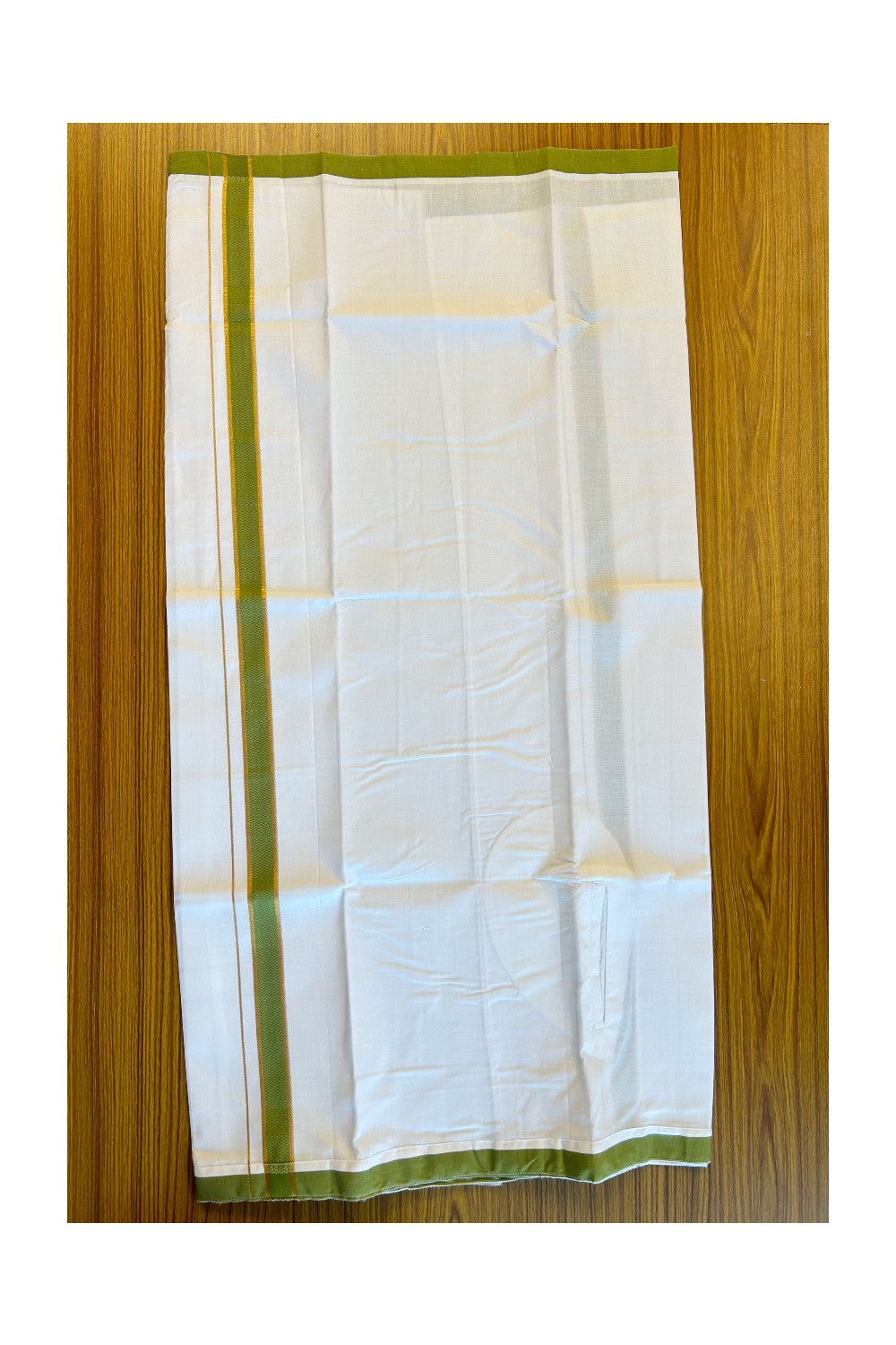 KaithariKada Balaramapuram  COTTON SINGLE PURE WHITE VELCRO Mundu/Dhoti - 1.75inch Green & Kasavu kara (2 metre / 4 muzham)- 22KK485SRI