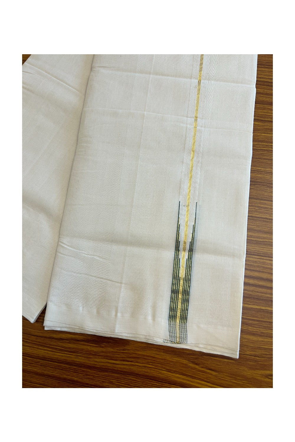 30% DISCOUNT!! KaithariKada HANDLOOM Millpaav Balaramapuram - 100% PURE Cotton OFF White - (Unbleached) Double Mundu/Dothi - 1 inch puliyilakkara Kasavu & Green striped chutty - 22KK5011RAM