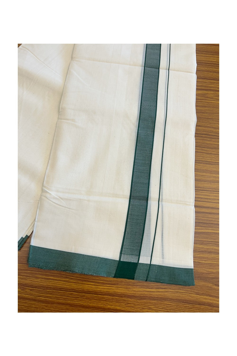 30% Discount KaithariKada HANDLOOM Unakkupaav Balaramapuram - 100% PURE Cotton Off White (Unbleached) - 100x100 Double Mundu/Dhoti - 2inch Green Kara-102