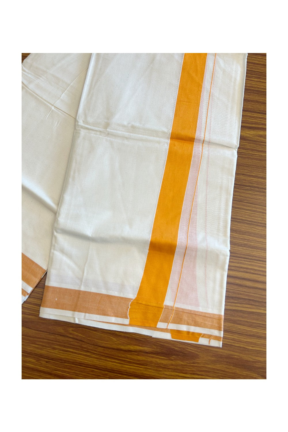 10% DISCOUNT! KaithariKada Balaramapuram 100% Cotton Double Off white - (Unbleached) - Mundu/Dhoti- 100X100- 2 inch ORANGE  Kara- 69.