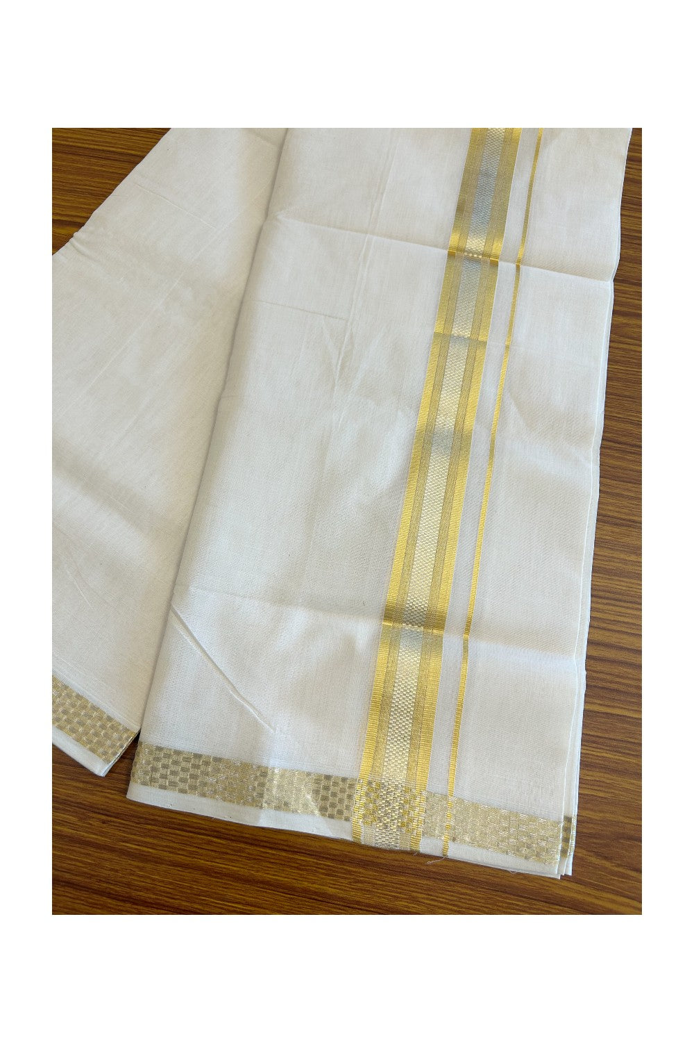 25% Discount!!! KaithariKada HANDLOOM UNAKKUPAAV Balaramapuram - 100% PURE Cotton off white (Unbleached) Double Mundu/Dhoti -100x 100 - 2 inch Gold & Silver Kasavu Stripes Design kara  -21KK5096YAR